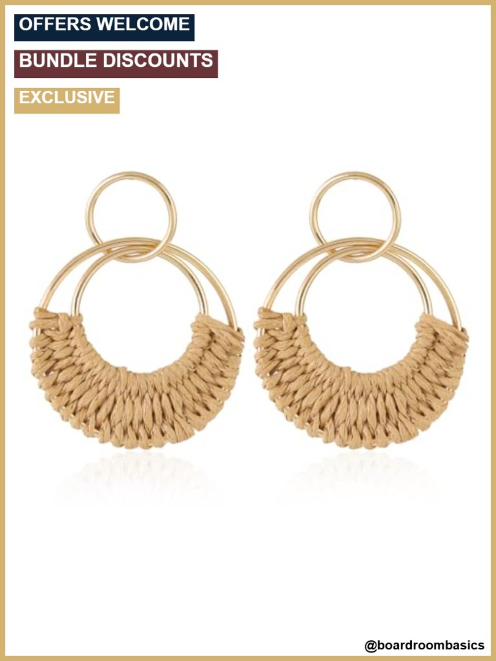 Handmade Raffia Hoop Statement Earrings Gold-plated Drop Dangle Boho Summer